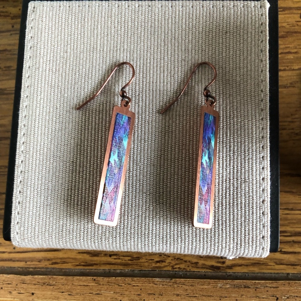 Rose Gold Rectangular Inlay Drop Earrings with Iridescent Blue-Purple Accents